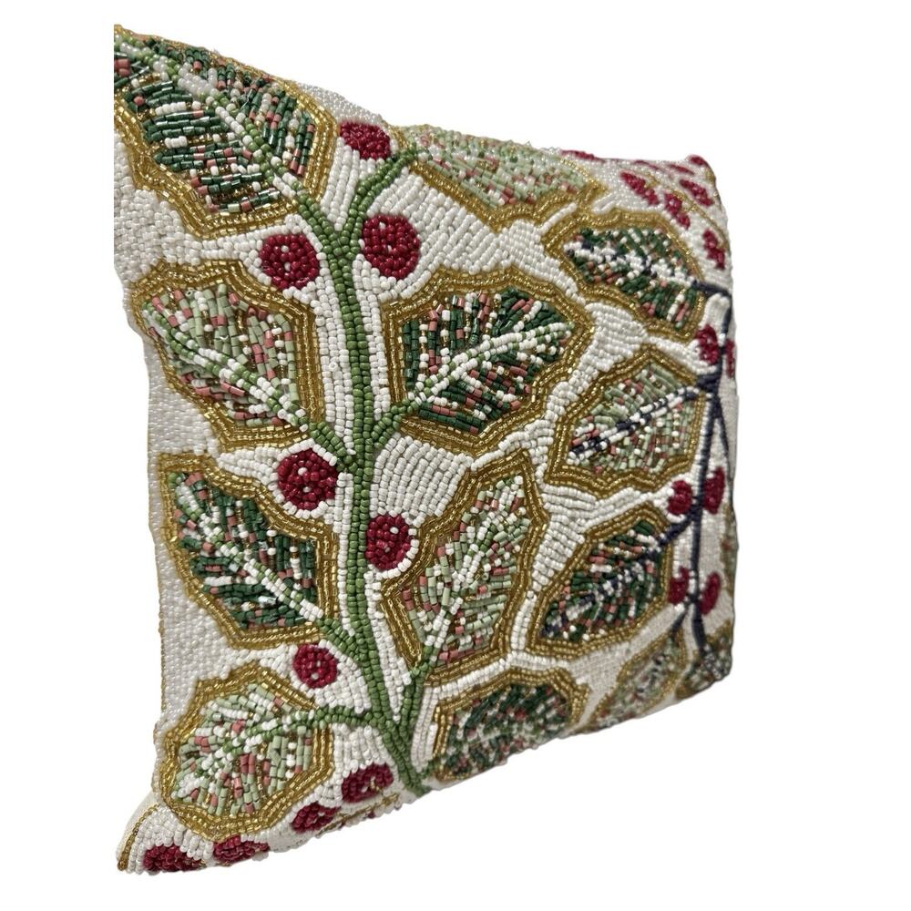 Christmas Throw Pillow Leaves Hand Beaded‎ Gold Accent Holiday Sparkle Rare